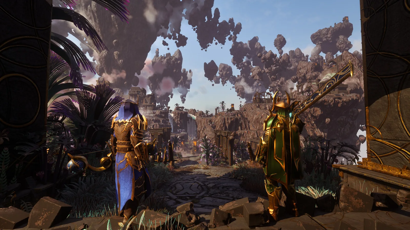 Offizieller Screenshot aus Enshrouded 1.0: zwei Spieler vor den schwebenden Inseln von Cinder’s Cradle